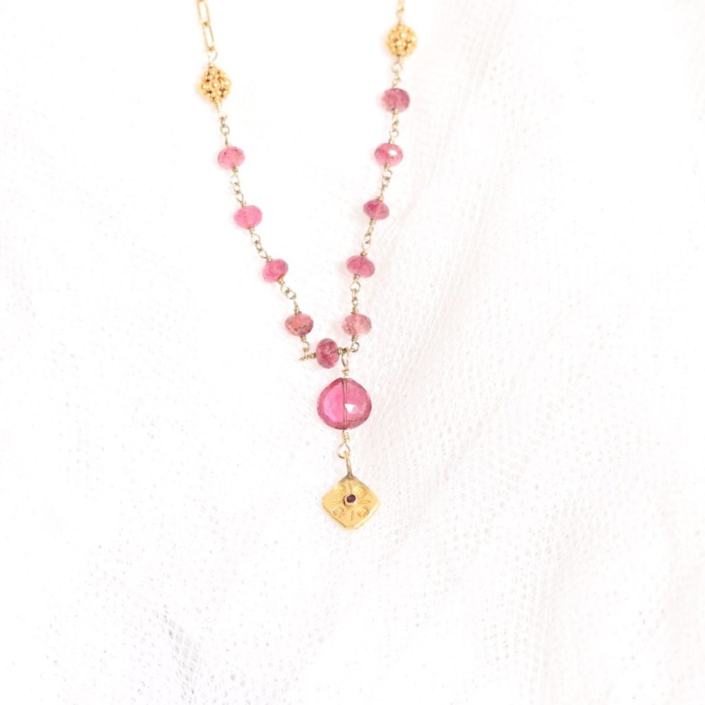 Pink Sapphire Pendant Tourmaline Ruby & Gold Charm Gold Paperclip Chain Necklace